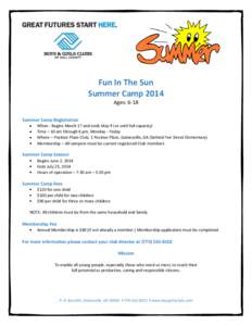 Fun In The Sun Summer Camp 2014 Ages: 6-18 Summer Camp Registration When - Begins March 17 and ends May 9 (or until full capacity) Time – 10 am through 6 pm, Monday - Friday