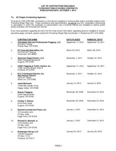 LIST OF CONTRACTORS INELIGIBLE TO RECEIVE PUBLIC WORKS CONTRACTS PUBLICATION DATE: OCTOBER 1, 2014 To: