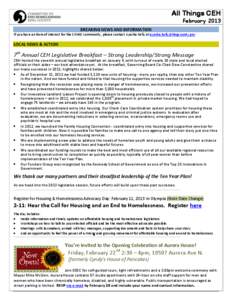 All Things CEH February 2013 BREAKING NEWS AND INFORMATION If you have an item of interest for the CEHKC community, please contact Ayesha Kelly at   LOCAL NEWS & ACTION