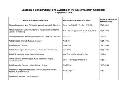 Journals & Serial Publications Available in the Society Library Collection