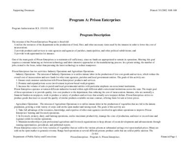 Supporting Document  Printed: [removed]:08 AM Program A: Prison Enterprises Program Authorization: R.S. 15:[removed]