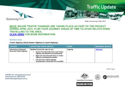 Week commencing 6 April[removed]NOTE: MAJOR TRAFFIC CHANGES ARE TAKING PLACE AS PART OF THE PROJECT DURING APRIL[removed]PLAN YOUR JOURNEY AHEAD OF TIME TO AVOID DELAYS WHEN TRAVELLING TO THE AREA. CLICK HERE FOR MORE INFORM