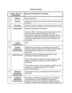 Selection Criteria Agency, Board or Commission Weed Control Advisory Committee