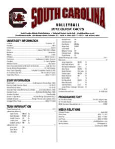 Volleyball[removed]QUICK FACTS South Carolina Athletic Media Relations • Volleyball Contact: Justin Holt • [removed] Rice Athletics Center, 1304 Heyward Street, Columbia, S.C[removed] • Office: [removed]