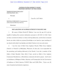 Case: 3:12-cv[removed]lsa Document #: 27 Filed: [removed]Page 1 of 10  UNITED STATES DISTRICT COURT WESTERN DISTRICT OF WISCONSIN FREEDOM FROM RELIGION FOUNDATION, INC.,