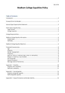 EQWadham College Equalities Policy Table of Contents Introduction ......................................................................................................................................... 2