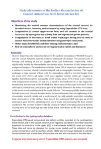 Hydrodynamics of the Indian Ocean Sector of Coastal Antarctica, with focus on Sea Ice Objectives of the study Monitoring the austral summer characteristics of the coastal current, its branded nature, intensity, and trans