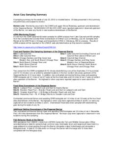 Asian Carp Sampling Summary A sampling summary for the week of July 23, 2012 is included below. All data presented in this summary are preliminary and subject to revision. Bottom Line: Monitoring occurred in the CAWS and