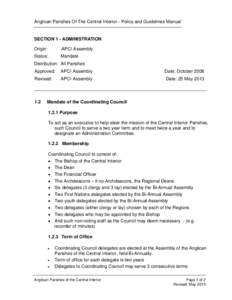 Anglican Parishes Of The Central Interior - Policy and Guidelines Manual  SECTION 1 - ADMINISTRATION Origin:  APCI Assembly