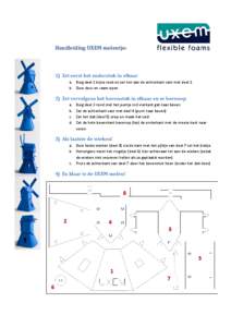 Handleiding UXEM molentje:  1) Zet eerst het onderstuk in elkaar a. Buig deel 1 bijna rond en zet het aan de achterkant vast met deel 2 b. Duw deur en raam open