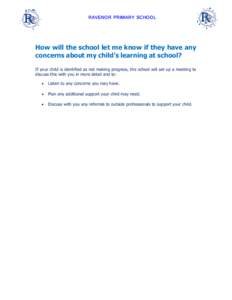 RAVENOR PRIMARY SCHOOL  How will the school let me know if they have any concerns about my child’s learning at school? If your child is identified as not making progress, the school will set up a meeting to discuss thi
