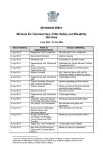 Ministerial Diary1 Minister for Communities, Child Safety and Disability Services 1 July 2013 – 31 July 2013 Date of Meeting 1 July 2013