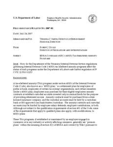 U.S. Department of Labor  Employee Benefits Security Administration Washington, D.C[removed]FIELD ASSISTANCE BULLETIN NO[removed]