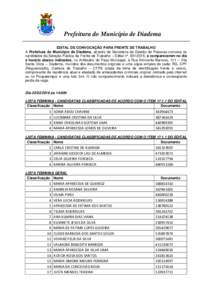 Prefeitura do Município de Diadema EDITAL DE CONVOCAÇÃO PARA FRENTE DE TRABALHO A Prefeitura do Município de Diadema, através da Secretaria de Gestão de Pessoas convoca os candidatos da Seleção Pública da Frente