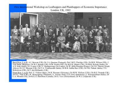 First International Workshop on Leafhoppers and Planthoppers of Economic Importance London, UK, 1982 Back Row, L to R, A.J. Stewart (UK), Dr J.A. Quartau (Portugal), Prof. M.F. Claridge (UK), Dr M.R. Wilson (UK), J. Van 