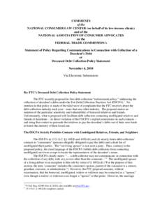 COMMENTS of the NATIONAL CONSUMER LAW CENTER (on behalf of its low-income clients) and of the NATIONAL ASSOCIATION OF CONSUMER ADVOCATES on the