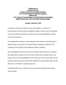 US EPA: OCIR: Testimony of Cameron Davis, Senior Advisor to the Administrator, February 9, 2010