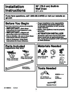 Installation Instructions 30” (76.2 cm) Built-In Wall Oven ZET1, ZET2