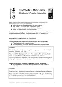 Guide  Referencing Brief Guide to Referencing Citing Sources & Preparing Bibliographies