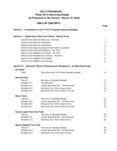 City of Philadelphia Fiscal 2010 Operating Budget As Proposed to the Council - March 19, 2009 TABLE OF CONTENTS Page Section I - Introduction to the FY 2010 Proposed Operating Budget