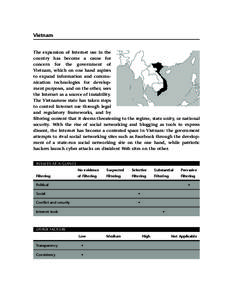 Vietnam The expansion of Internet use in the country has become a cause for concern for the government of Vietnam, which on one hand aspires to expand information and communication technologies for development purposes, 