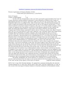 Southern Campaign American Revolution Pension Statements Pension Application of Thomas Hudson: W7832 Transcribed and annotated by C. Leon Harris State of Virginia } County of Shenandoah