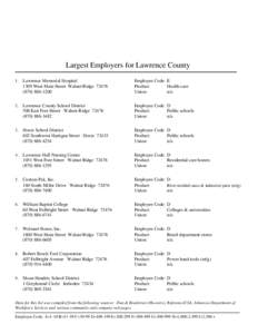 Largest Employers for Lawrence County 1 . Lawrence Memorial Hospital 1309 West Main Street Walnut Ridge[removed][removed]Lawrence County School District