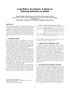 Look Before You Shame: A Study on Shaming Activities on Twitter Rajesh Basak, Niloy Ganguly, Shamik Sural, Soumya K Ghosh Department of Computer Science & Engineering, Indian Institute of Technology Kharagpur Kharagpur, 