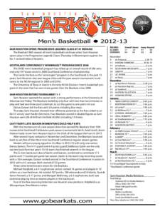 Game 3 Men’s  Basketball  z  2012-­13   SAM HOUSTON OPENS PROGRESSIVE LEGENDS CLASS AT #1 INDIANA The Bearkats’ 96th season of men’s basketball continues when Sam Houston opens play in the Progressive Legends 