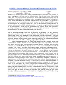 Southern Campaign American Revolution Pension Statements & Rosters Pension application of Samuel Houze S7035 fn17SC Transcribed by Will Graves[removed]Methodology: Spelling, punctuation and/or grammar have been correcte