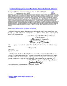 Southern Campaign American Revolution Pension Statements & Rosters Bounty Land Warrant information relating to Nicholas Hobson VAS1554 Transcribed by Will Graves vsl[removed]