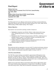 Final Report Minister Iris Evans Council of State Governments-West (CSG-West) Annual Meeting Sun Valley, Idaho and Southern States Energy Board (SSEB) Annual Meeting