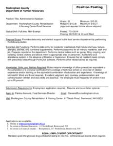 Rockingham County Department of Human Resources Position Posting  Position Title: Administrative Assistant
