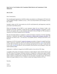 Open Letter to Vice-President of the Commission Michel Barnier and Commissioner Cecilia Malmström July 22, 2014  Dear Commissioners,