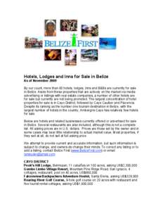 Hotels, Lodges and Inns for Sale in Belize As of November 2009 By our count, more than 60 hotels, lodges, inns and B&Bs are currently for sale in Belize. Aside from these properties that are actively on the market via me