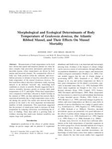 Reference: Biol. Bull. 213: 141–151. (October 2007) © 2007 Marine Biological Laboratory Morphological and Ecological Determinants of Body Temperature of Geukensia demissa, the Atlantic Ribbed Mussel, and Their Effects