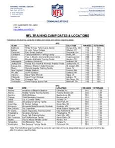 FOR IMMEDIATE RELEASE[removed]http://twitter.com/NFL345 NFL TRAINING CAMP DATES & LOCATIONS Following is the training camp list of sites and rookie and veteran reporting dates: