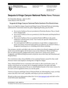 National Park Service U.S. Department of the Interior Sequoia & Kings Canyon National Parks