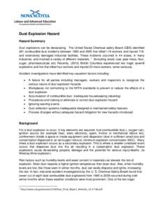 Dust Explosion Hazard Hazard Summary Dust explosions can be devastating. The United States Chemical safety Board (CBS) identified 281 combustible dust incidents between 1980 and 2005 that killed 119 workers and injured 7