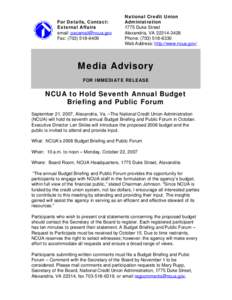 Media Advisory - NCUA to Hold Seventh Annual Budget Briefing and Public Forum
