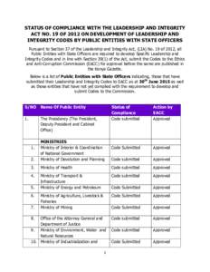 STATUS OF COMPLIANCE WITH THE LEADERSHIP AND INTEGRITY ACT NO. 19 OF 2012 ON DEVELOPMENT OF LEADERSHIP AND INTEGRITY CODES BY PUBLIC ENTITIES WITH STATE OFFICERS Pursuant to Section 37 of the Leadership and Integrity Act