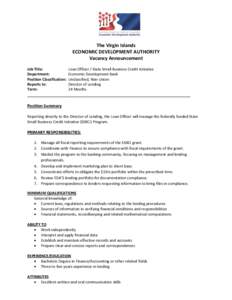 The Virgin Islands ECONOMIC DEVELOPMENT AUTHORITY Vacancy Announcement Job Title: Department: Position Classification: