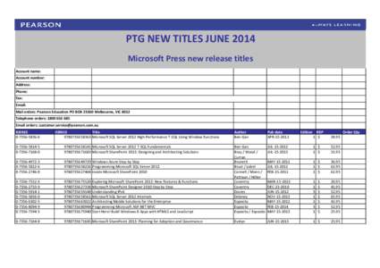 PTG NEW TITLES JUNE 2014 Microsoft Press new release titles Account name: Account number: Address: Phone: