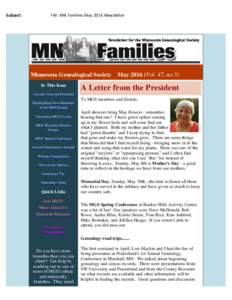 Subject:  FW: MN Families May 2016 Newsletter Minnesota Genealogical Society MayVol. 47, no.5) In This Issue
