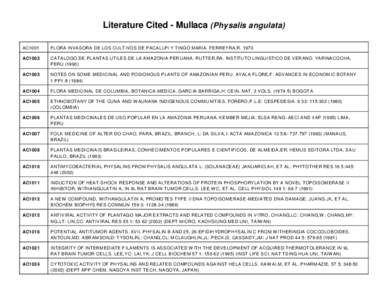 Literature Cited - Mullaca (Physalis angulata) AC1001 FLORA INVA SORA DE LOS CULT IVOS DE PACA LLPI Y TINGO MARIA. FE RREYRA,R[removed]AC1002