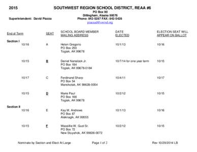 2015  SOUTHWEST REGION SCHOOL DISTRICT, REAA #6 PO Box 90 Dillingham, Alaska[removed]Phone: [removed]FAX: [removed]