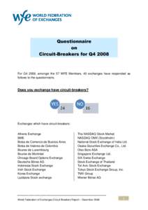 Questionnaire on Circuit-Breakers for Q4 2008 For Q4 2008, amongst the 57 WFE Members, 40 exchanges have responded as follows to the questionnaire.