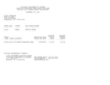 2013 Lottery Credit Notice of Equalized Value School Tax Rate