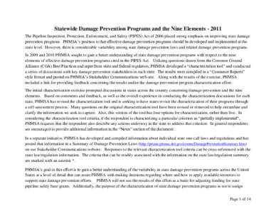 Statewide Damage Prevention Programs and the Nine Elements[removed]The Pipeline Inspection, Protection, Enforcement, and Safety (PIPES) Act of 2006 placed strong emphasis on improving state damage prevention programs. PHM