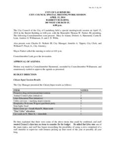 Min. Bk. 17, Pg[removed]CITY OF LAURINBURG CITY COUNCIL SPECIAL MEETING/WORK SESSION APRIL 15, 2014 BARRETT BUILDING